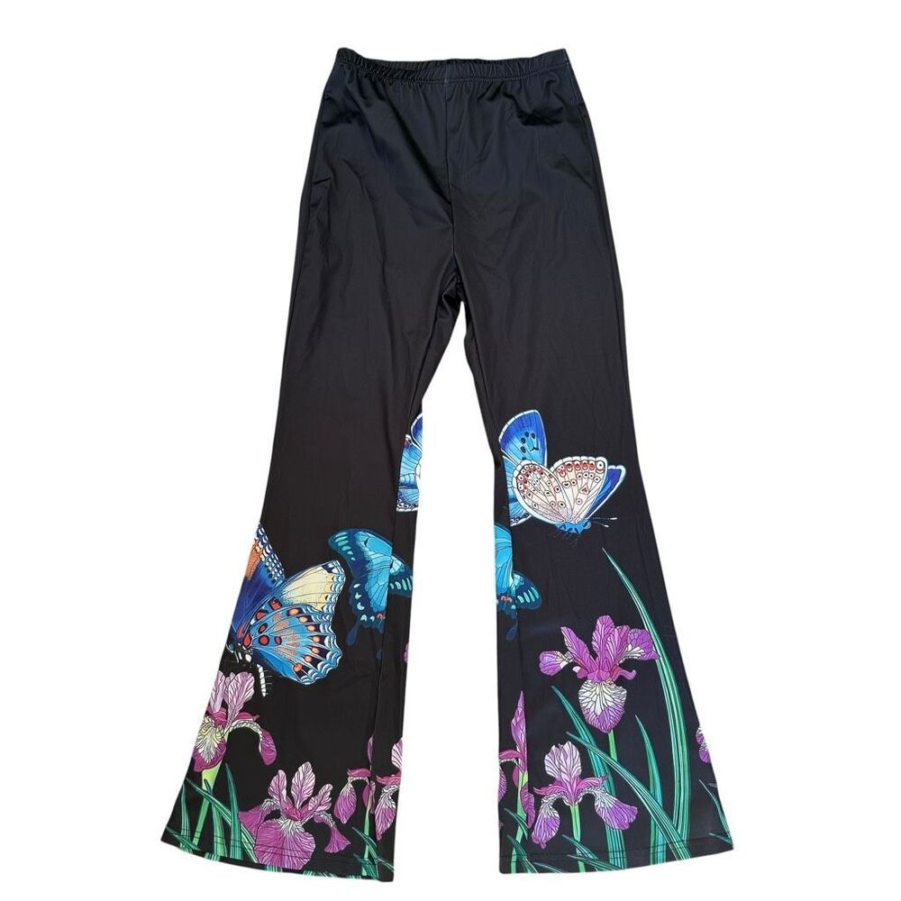 Floral butterfly print flare black stretch pants elastic waist size S